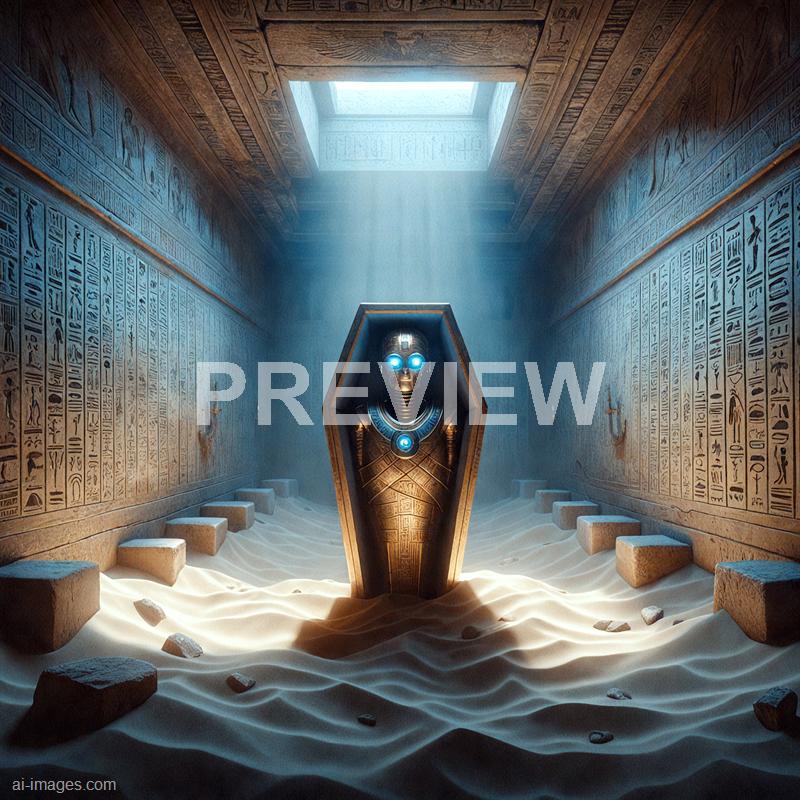 The image depicts an ancient Egyptian-style tomb chamber with walls covered in hieroglyphics and carvings. In the center, there is a futuristic, robotic humanoid figure encased in a sarcophagus, with glowing blue eyes and intricate metallic details, illuminated by a shaft of sunlight coming through an opening at the top. The floor appears to be made of sand, with scattered stones and steps along the walls, blending ancient and sci-fi elements.
